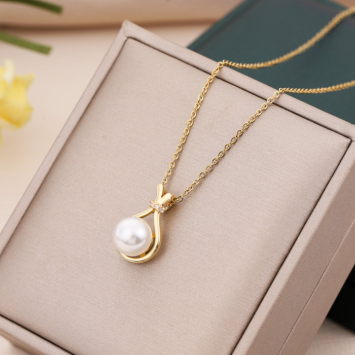 Elegant Simple Style Geometric Stainless Steel  Plating Inlay Artificial Pearls 18K Gold Plated Pendant Necklace