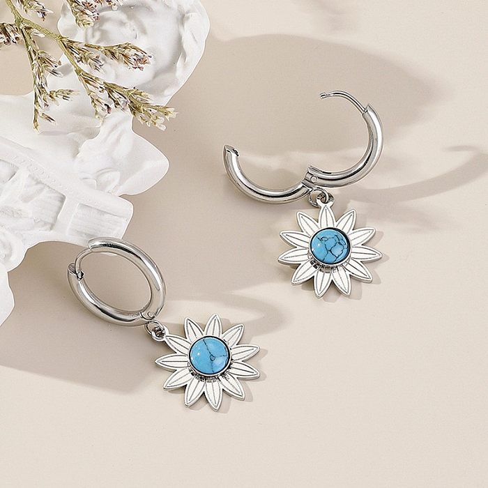 1 Pair Simple Style Flower Inlay Stainless Steel Natural Stone Drop Earrings