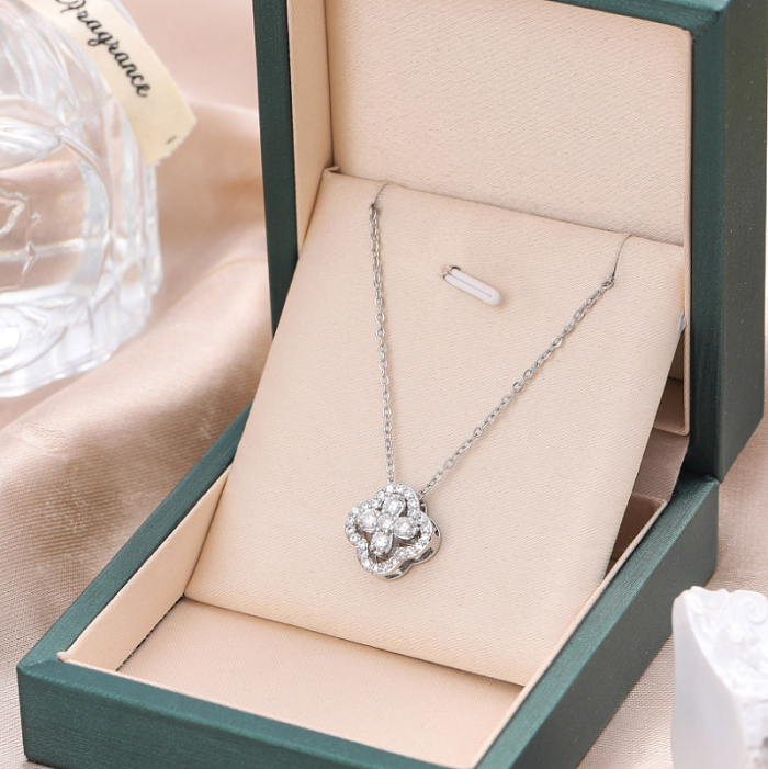 Elegant Lady Four Leaf Clover Stainless Steel  Inlay Zircon Pendant Necklace