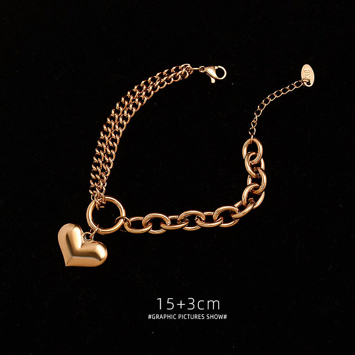 Heavy Rough Flat Love-shaped Wild Heart Titanium Steel Plated 18K Gold Bracelet For Women