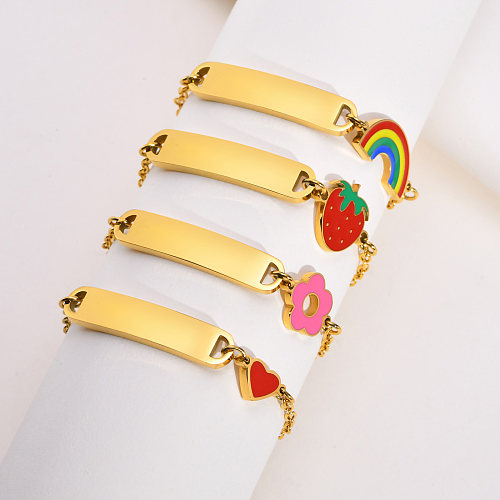 Doce estilo simples arco-íris formato de coração morango pulseiras banhadas a ouro em aço inoxidável a granel