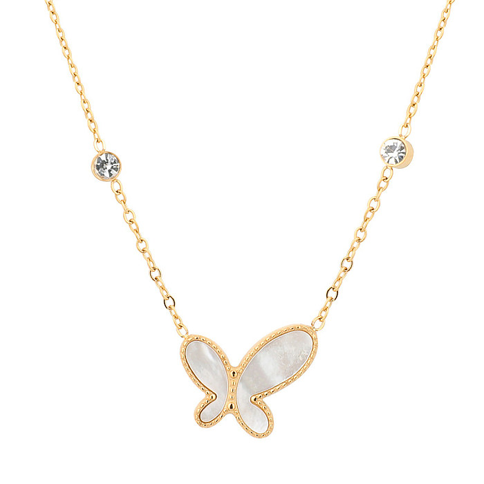 Glam Butterfly Stainless Steel  Plating Inlay Artificial Diamond Shell 18K Gold Plated Pendant Necklace