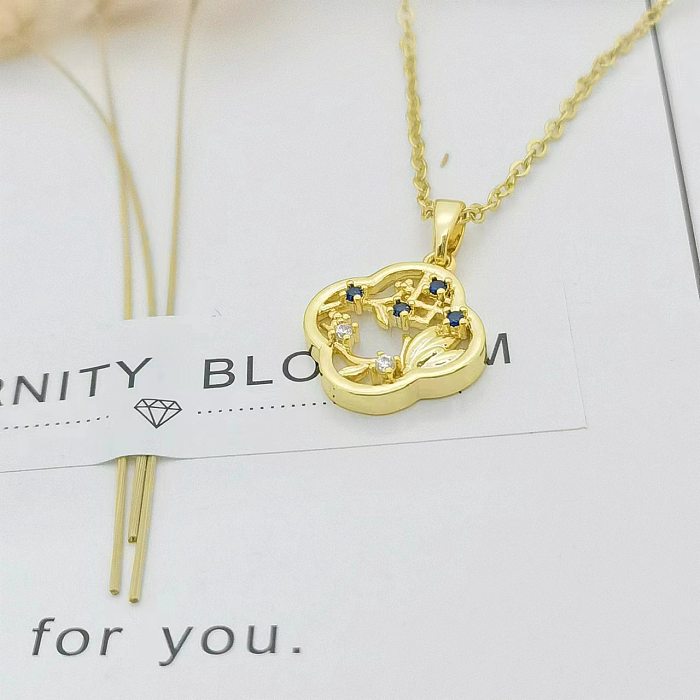 IG Style Bamboo Flower Fish Tail Stainless Steel 18K Gold Plated Pearl Zircon Pendant Necklace In Bulk