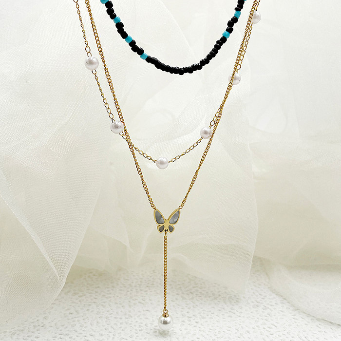 Collier à trois couches plaqué or, élégant, Style Vintage, papillon, en acier inoxydable, perles superposées