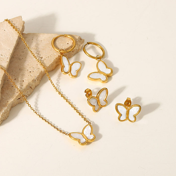 Brincos de colar de aço inoxidável em forma de borboleta com concha branca natural em ouro 18K