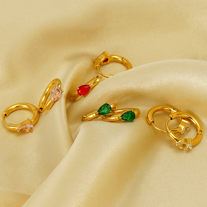 1 Paar elegante Retro-Ohrringe mit Wassertropfen-Inlay aus Edelstahl, Zirkon, 18 Karat vergoldet