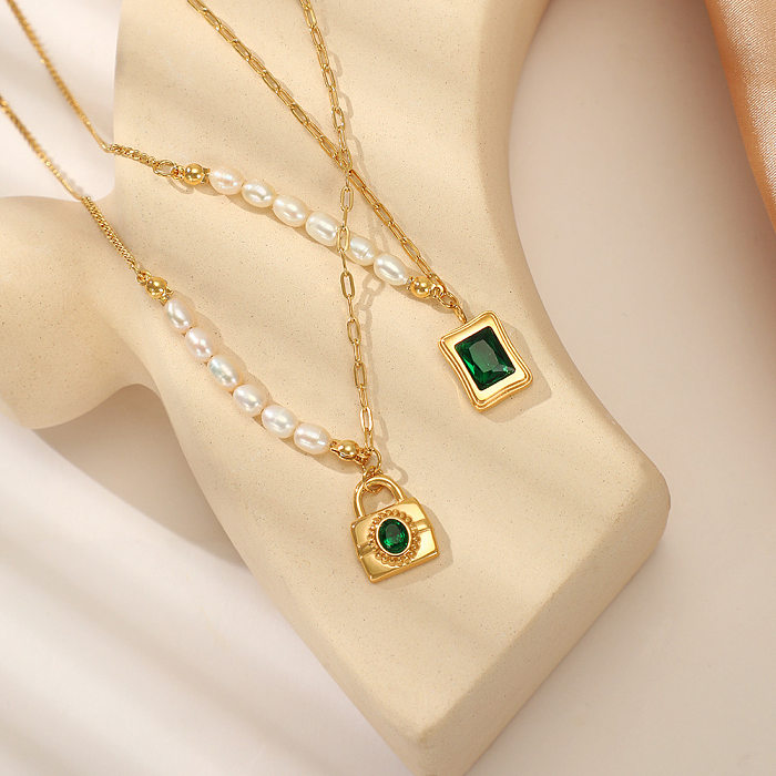 Elegant Square Lock Stainless Steel  Plating Pearl Pendant Necklace