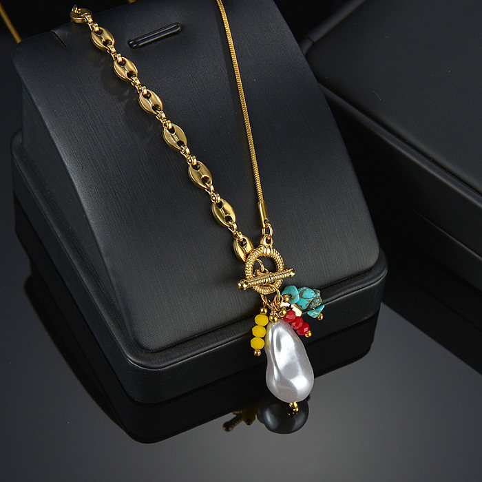 Fashion Sun Stainless Steel  Patchwork Gold Plated Artificial Pearls Pendant Necklace 1 Piece