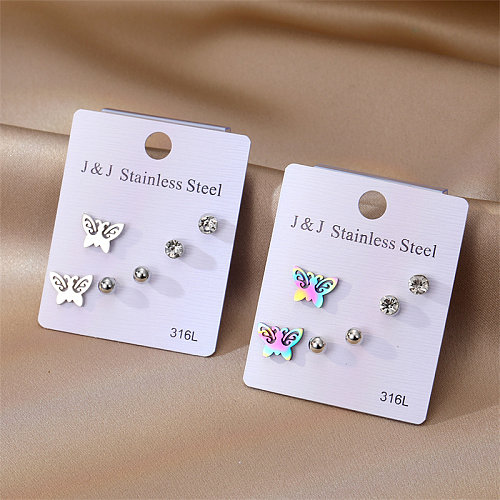 3 Pairs Elegant Butterfly Stainless Steel  Inlay Zircon Ear Studs