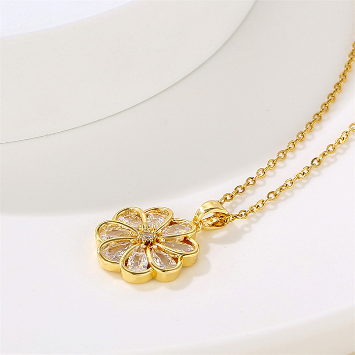 Sweet Flower Stainless Steel  Plating Inlay Artificial Diamond Pendant Necklace