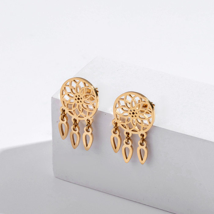 1 Pair Casual Simple Style Dreamcatcher Tassel Plating Hollow Out Stainless Steel Drop Earrings