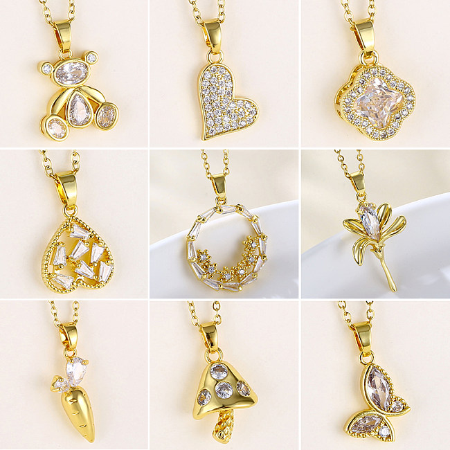 Großhandel im koreanischen Stil, Herzform, Augenpilz, Edelstahl, 18 Karat vergoldet, vergoldete Zirkon-Anhänger-Halskette