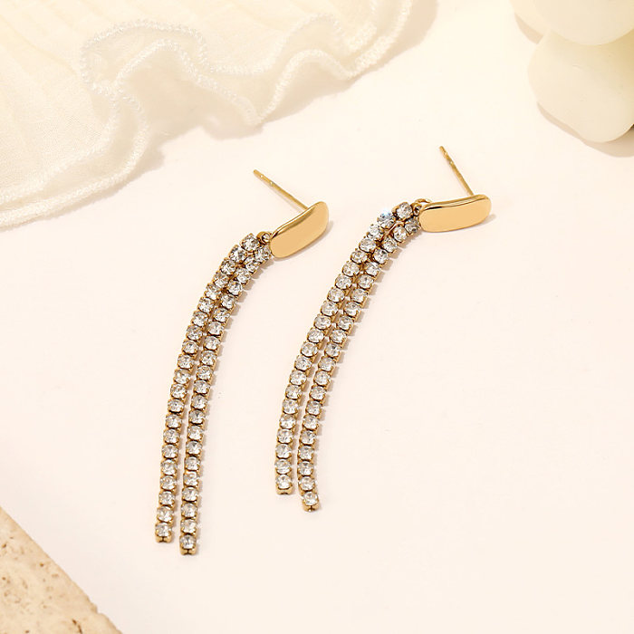 Simple Style Solid Color Plating Inlay Stainless Steel  Zircon Gold Plated Drop Earrings