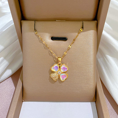 Fashion Four Leaf Clover Stainless Steel Copper Plating Inlay Rhinestones Pendant Necklace