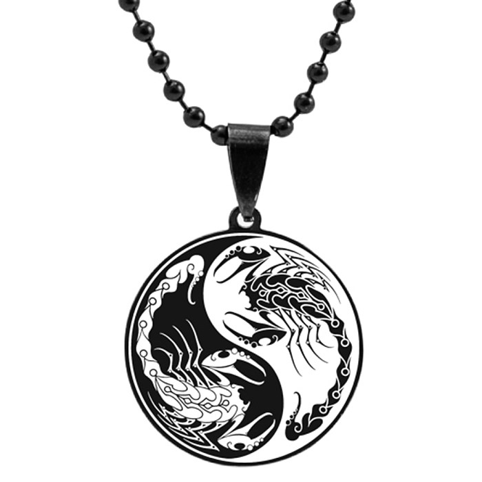 Fashion Tree Flower Dragon Phoenix Totem White Black Bead Stainless Steel  Necklace