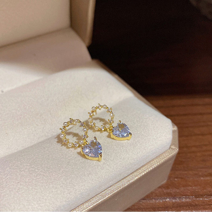 1 Pair Sweet Simple Style Heart Shape Inlay Stainless Steel  Pearl Zircon Drop Earrings