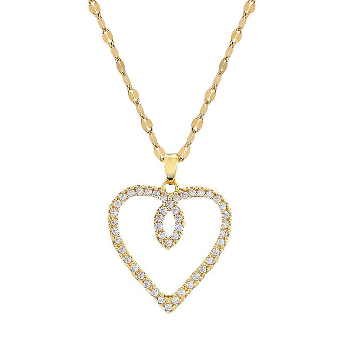 Fashion Heart Shape Stainless Steel  Copper Plating Inlay Rhinestones Pendant Necklace
