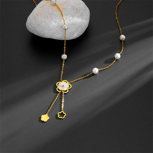 Collier avec pendentif en forme de fleur et pompon, Style Simple et doux, en acier inoxydable, placage de perles, incrustation de coquille