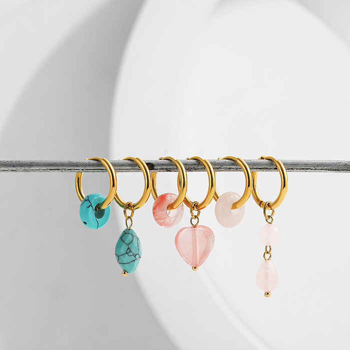 Boucles d'oreilles pendantes en pierre naturelle, 1 paire, Style Simple, rond irrégulier, en forme de cœur, asymétriques, en acier inoxydable, pour vacances