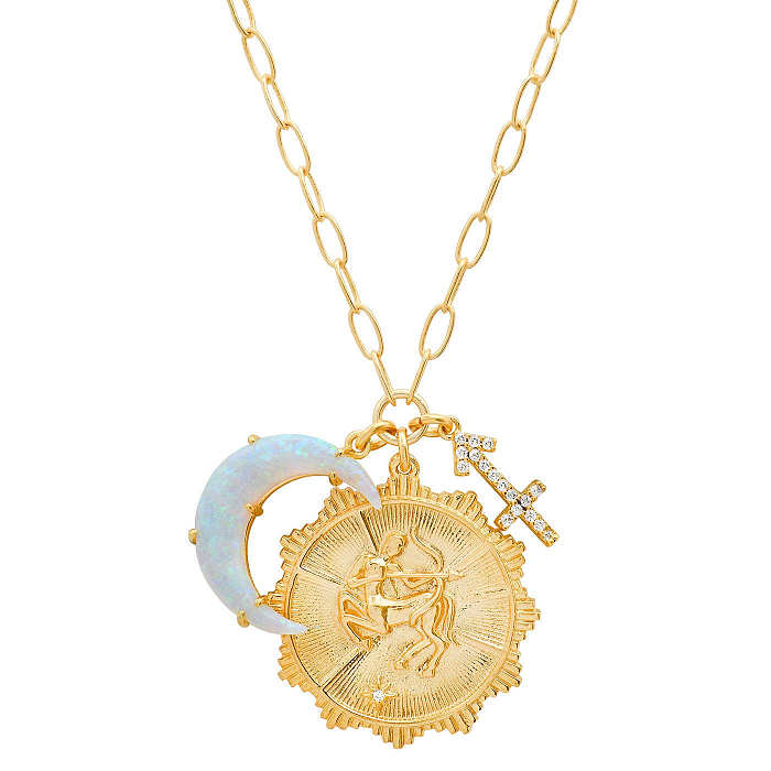 Collier pendentif décontracté rétro Constellation en acier inoxydable, incrustation ajourée en opale Zircon plaqué or 18 carats