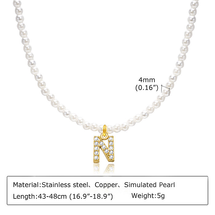 IG Style Baroque Style French Style Letter Stainless Steel  Artificial Pearl Plating Inlay Zircon 18K Gold Plated Pendant Necklace