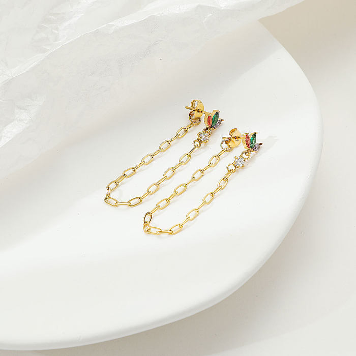 1 Pair Sweet Shamrock Flower Tassel Inlay Stainless Steel  Zircon White Gold Plated Gold Plated Drop Earrings