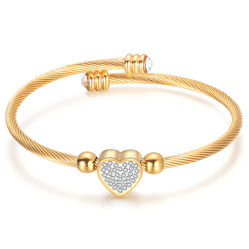 Bracelet réglable en gros de câble incrusté de diamants en forme de coeur en acier titane simple à la mode