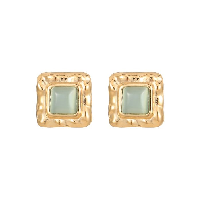 1 Pair Elegant Retro Square Polishing Plating Inlay Stainless Steel  Opal Lapis Lazuli Gold Plated Ear Studs