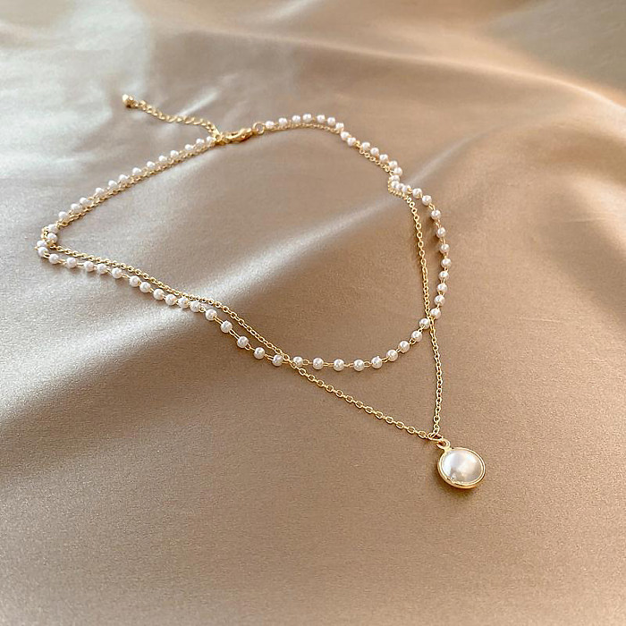 Wholesale Elegant Round Stainless Steel 18K Gold Plated Freshwater Pearl Layered Necklaces