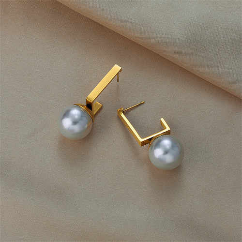 Vintage Style Geometric Stainless Steel Gold Plated Pearl Ear Studs 1 Pair