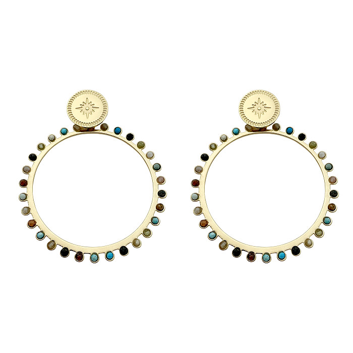 1 Pair Vintage Style Circle Stainless Steel  Inlay Natural Stone 14K Gold Plated Drop Earrings
