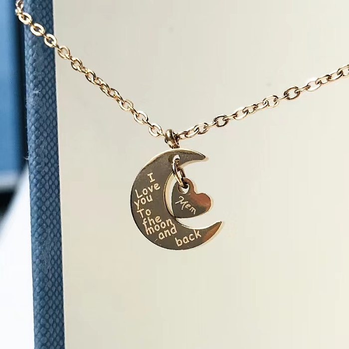 Collier pendentif plaqué or ajouré en acier inoxydable en forme de cœur et de lune de Style Simple