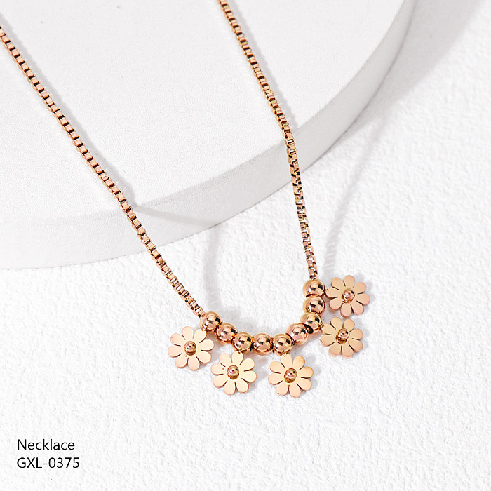 Retro estilo clássico flor de aço inoxidável revestimento epóxi incrustação strass rosa banhado a ouro colar