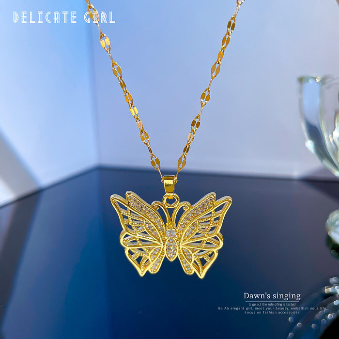 Collar de diamantes artificiales con incrustaciones de acero inoxidable de mariposa retro