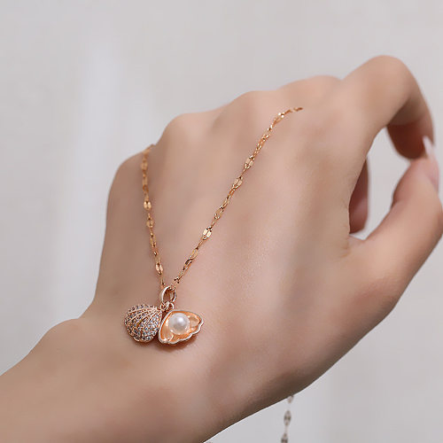 Mode einfachen Stil Shell Edelstahl Diamant künstliche Perlen Zirkon Halskette