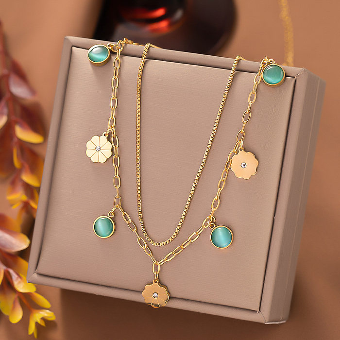 Colliers élégants en acier inoxydable avec incrustation de fleur et d'oeil Turquoise opale Zircon, colliers superposés