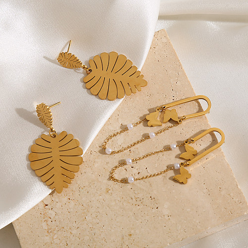 1 par elegante e luxuoso queen leaf borboleta chapeamento escultura em aço inoxidável brincos banhados a ouro