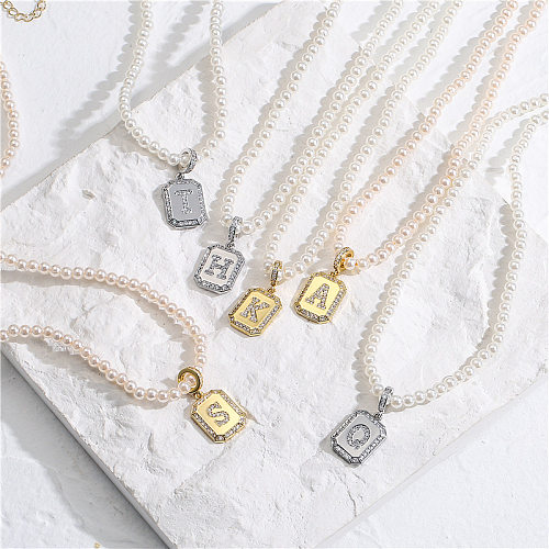 Collar de diamantes de imitación artificiales chapado en oro con perlas de imitación y letras geométricas a la moda para mujer Collares de acero inoxidable