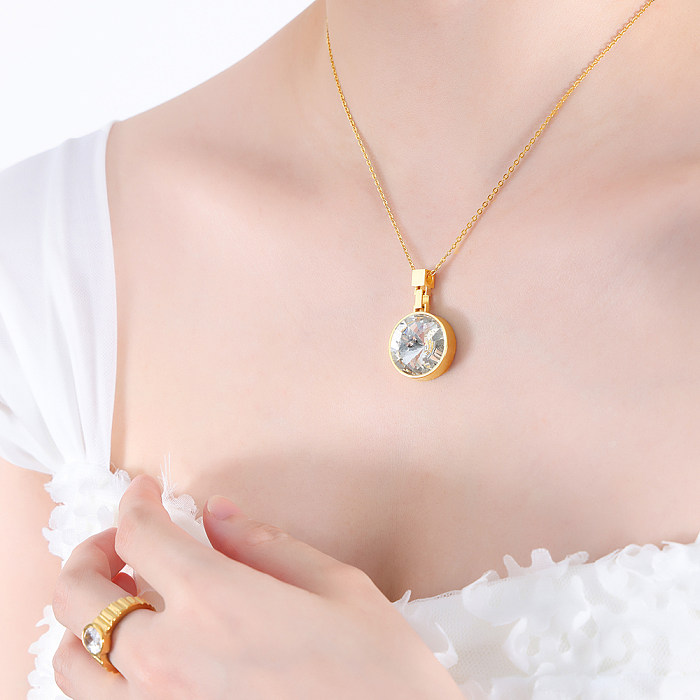 Basic Simple Style Commute Round Stainless Steel Plating Inlay Glass Stone 18K Gold Plated Pendant Necklace