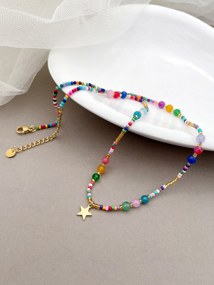 Sweet Artistic Star Stainless Steel  Artificial Crystal Beaded Plating Gold Plated Necklace