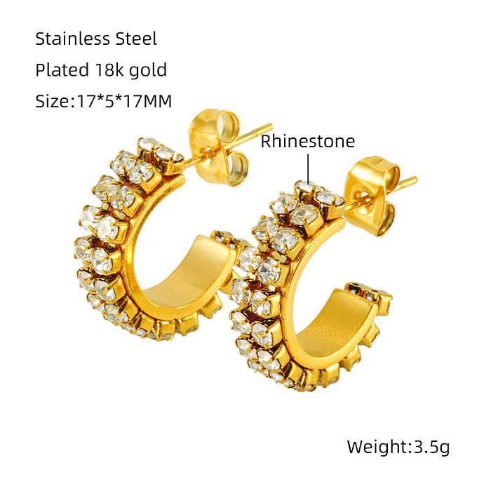 1 Pair Elegant Lady C Shape Plating Inlay Stainless Steel  Zircon 18K Gold Plated Ear Studs