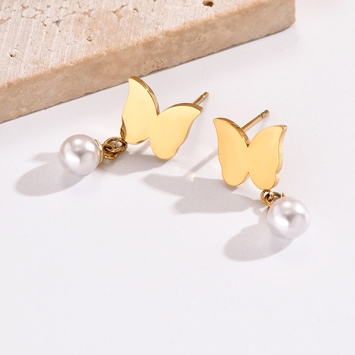 1 Pair Modern Style Butterfly Stainless Steel  Plating Inlay Artificial Pearls 14K Gold Plated Drop Earrings