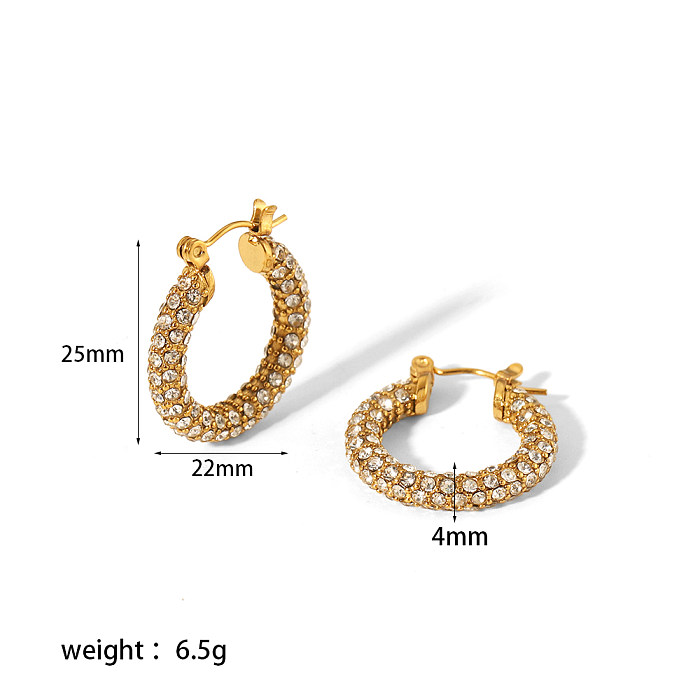1 Pair Sweet Circle Round Polishing Plating Inlay Stainless Steel  Zircon 18K Gold Plated Earrings