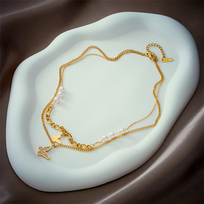 Collares en capas de perlas artificiales chapados en acero inoxidable, mariposa, estilo coreano, moda Retro, 1 pieza