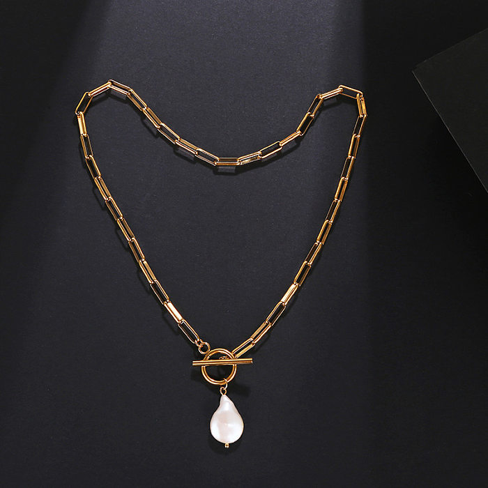 Collier avec pendentif en forme de gouttelettes d'eau pour femme, en acier inoxydable, plaqué perles d'eau douce