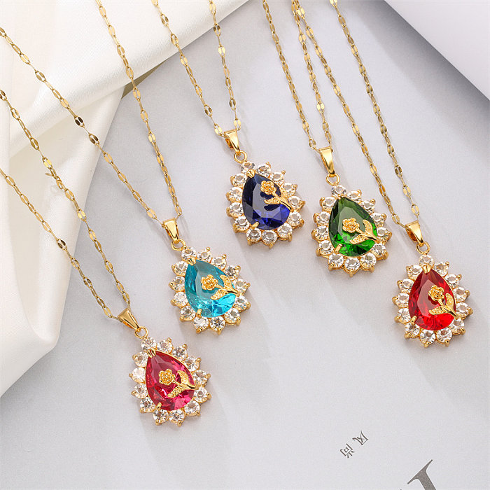 Elegant Glam Water Droplets Rose Stainless Steel  Copper Plating Inlay Zircon Gold Plated Pendant Necklace