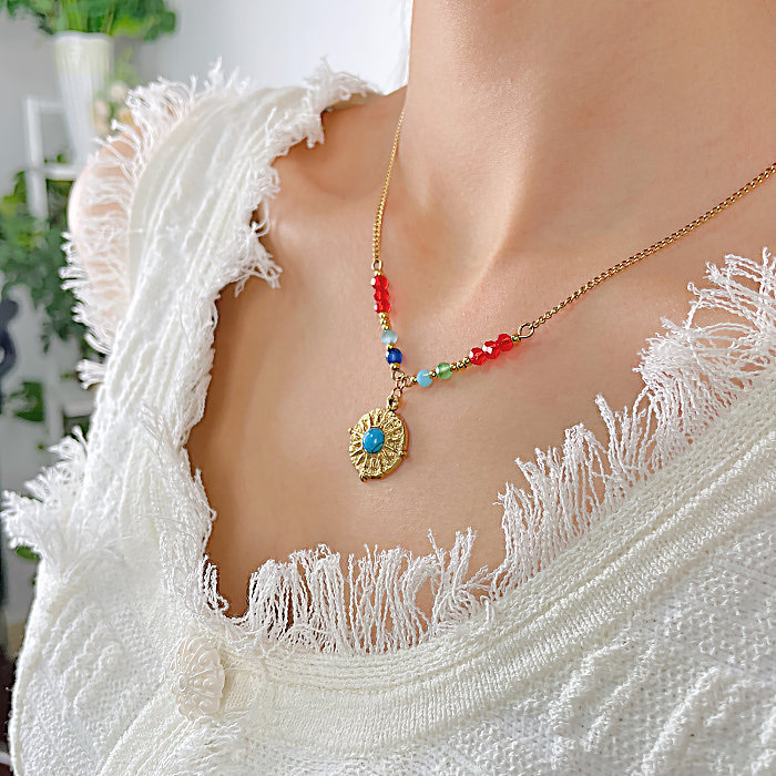 Runde Halskette mit türkisfarbenem Anhänger aus Edelstahl im Vintage-Stil mit Perleneinlage
