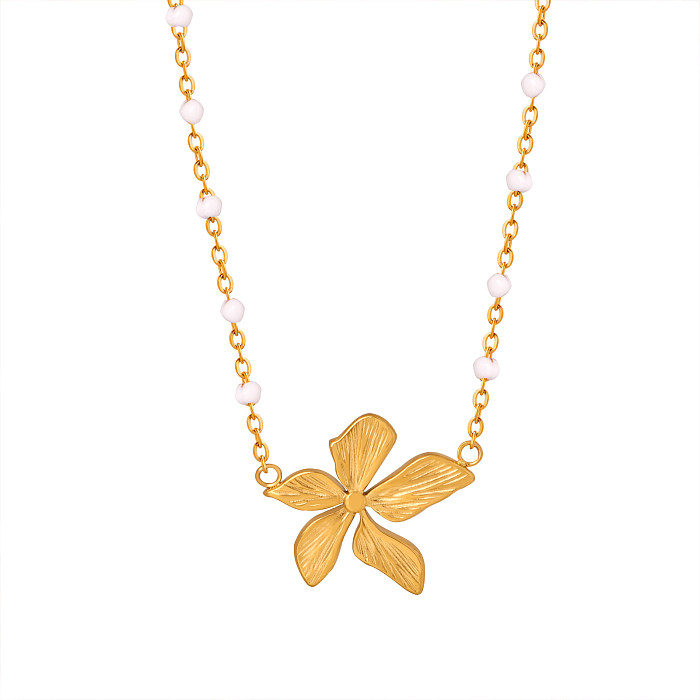 Sweet Flower Artificial Pearl Stainless Steel Enamel Plating 18K Gold Plated Pendant Necklace