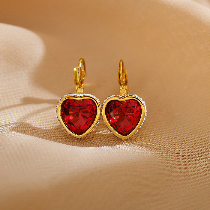 1 par elegante estilo simples formato de coração chapeamento incrustado de aço inoxidável zircão brincos banhados a ouro