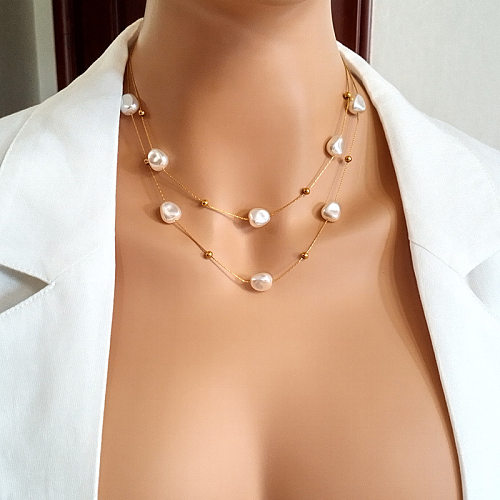 Collares en capas con perlas artificiales, chapado en acero inoxidable, geométrico, 1 pieza
